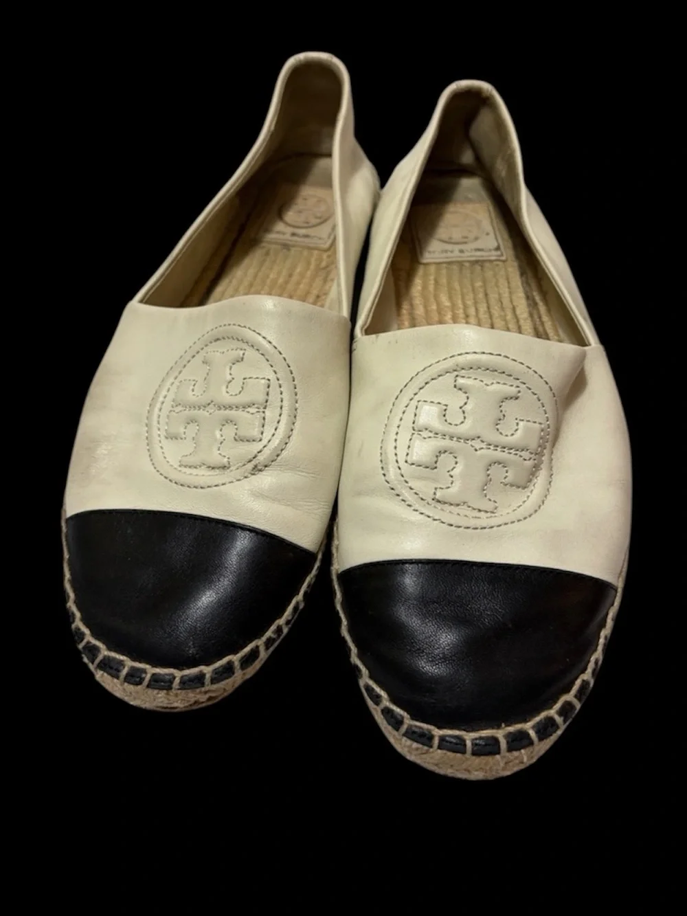 Tory Burch Cream Leather Espadrille with Black Cap Toe Sz 7.5  Women